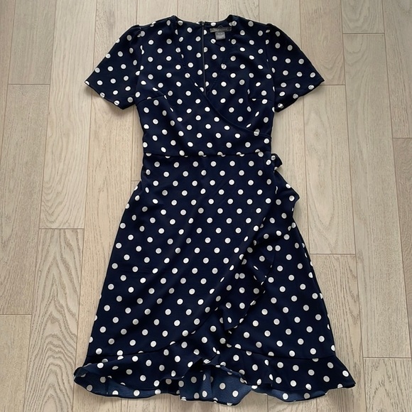 Suzy Shier Dresses & Skirts - Suzy Shier Navy Blue and White Polka Dot Wrap Dress